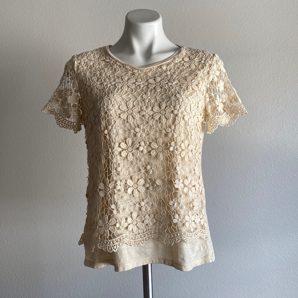 Ann Taylor Short Sleeve Crochet T-shirt Cream Size M
